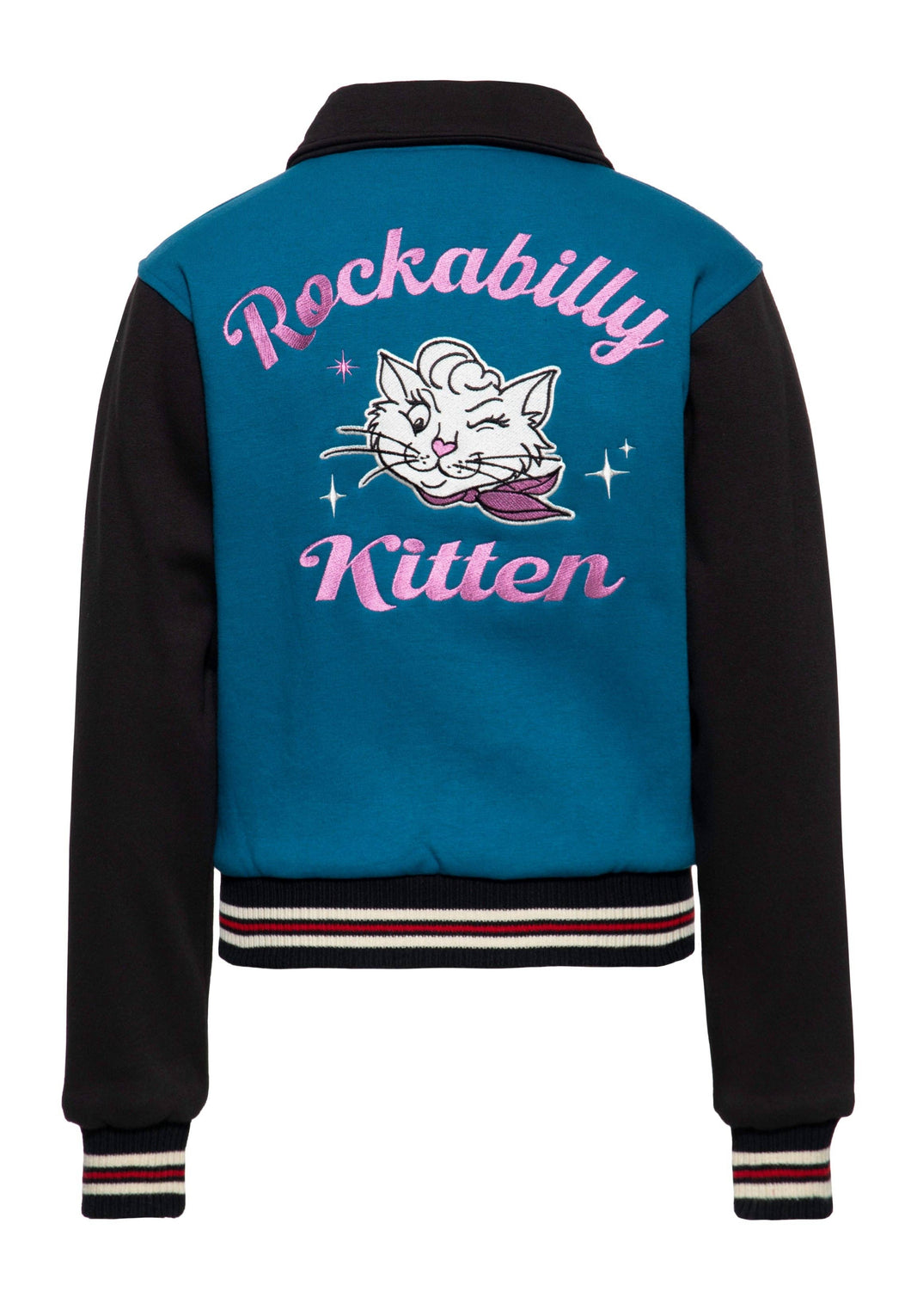 Collegejakke Rockabilly Kitten - Sort/blå ☘️