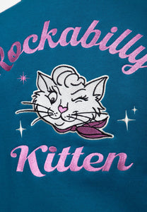 Collegejakke Rockabilly Kitten - Sort/blå ☘️